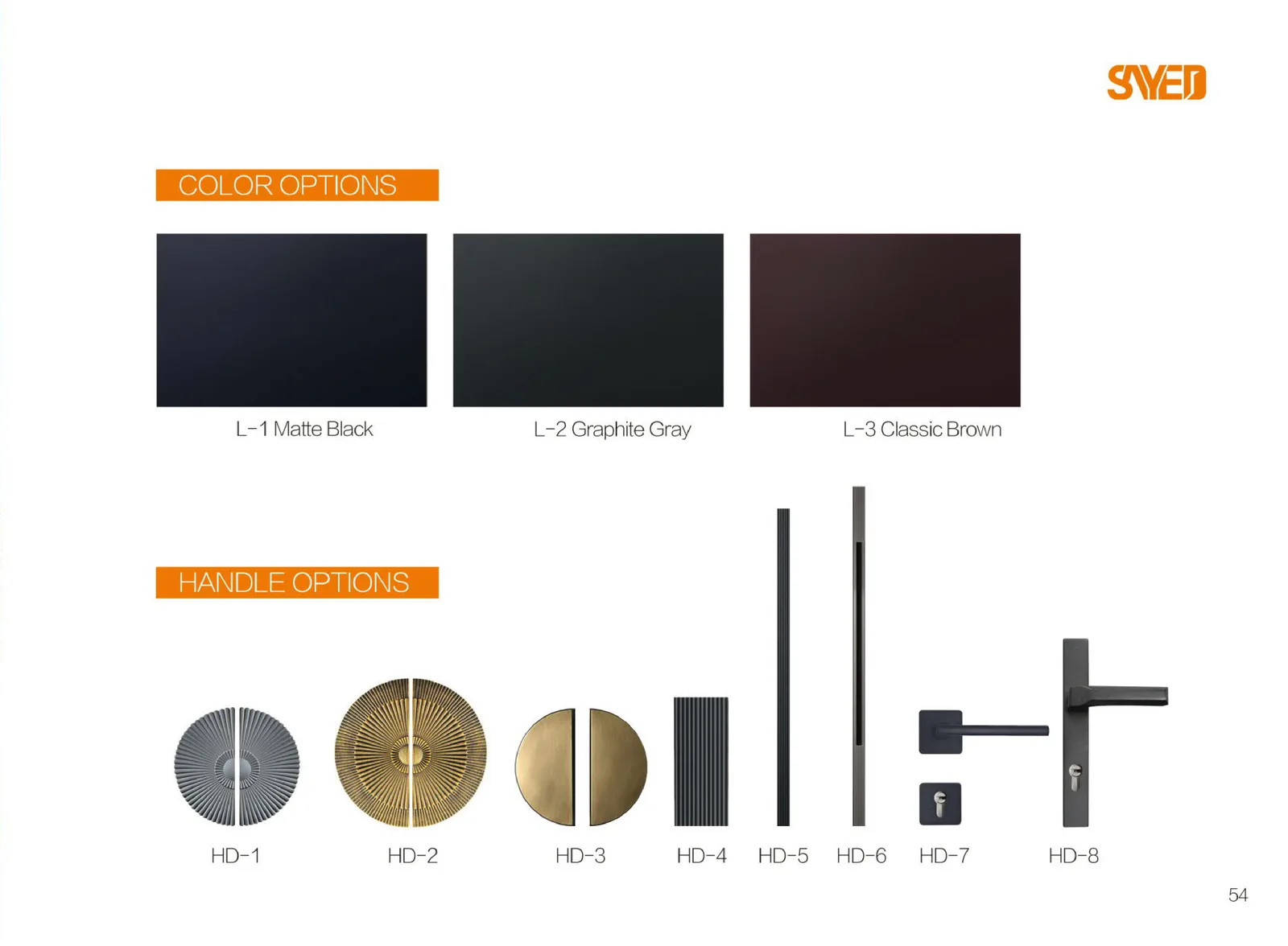 SAYED standard colours and handle options